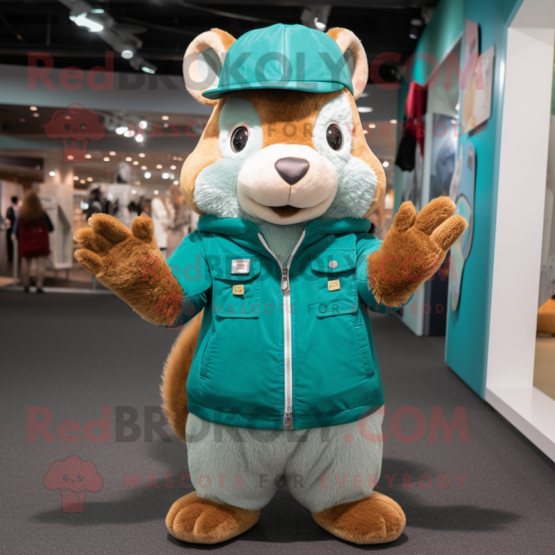 Teal Squirrel mascot costume character dressed with a Parka and Caps Teal Squirrel mascot costume character dressed with a Parka and Caps
