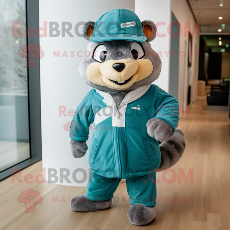 Teal Squirrel mascot costume character dressed with a Parka and Caps