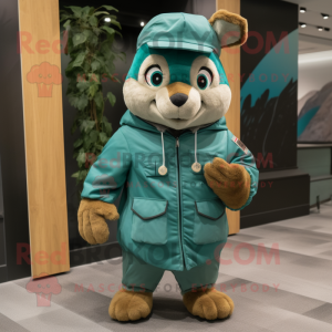 Teal Squirrel mascot costume character dressed with a Parka and Caps