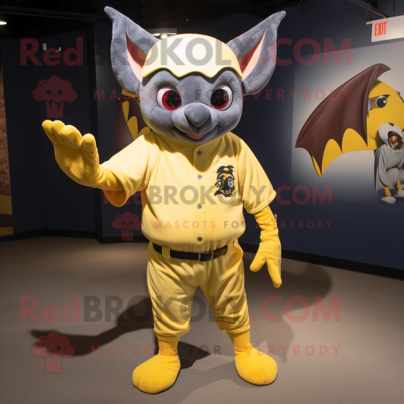 Yellow Bat mascot costume character dressed with a Henley Tee and Mittens