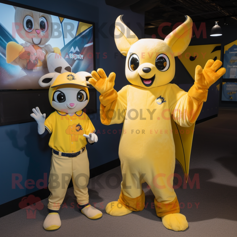 Yellow Bat mascot costume character dressed with a Henley Tee and Mittens Yellow Bat mascot costume character dressed with a Henley Tee and Mittens