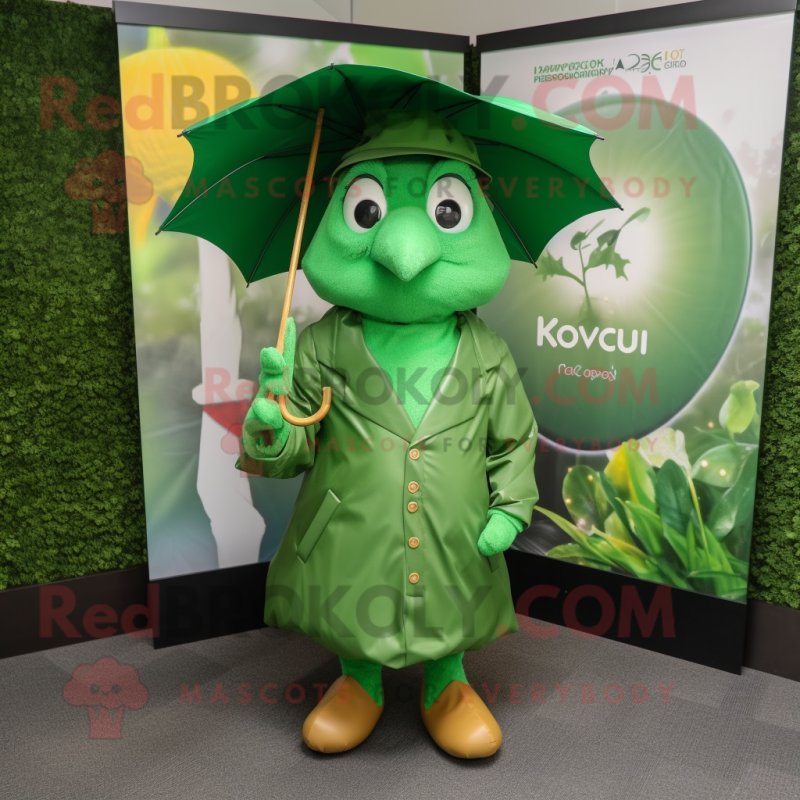 Green Kiwi mascot costume character dressed with a Raincoat and Pocket squares