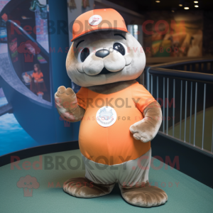 Brown Seal mascot costume character dressed with a Baseball Tee and Headbands