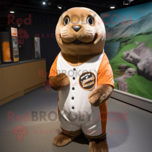 Brown Seal mascot costume character dressed with a Baseball Tee and Headbands