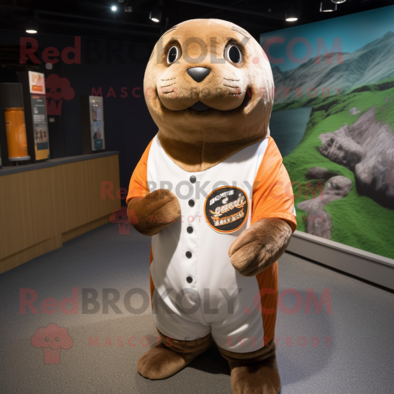 Brown Seal mascot costume character dressed with a Baseball Tee and Headbands Brown Seal mascot costume character dressed with a Baseball Tee and Headbands