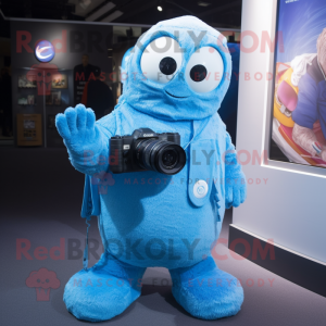 Sky Blue Camera mascot costume character dressed with a Hoodie and Keychains