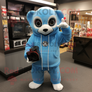 Sky Blue Camera mascot costume character dressed with a Hoodie and Keychains