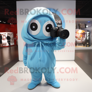 Sky Blue Camera mascot costume character dressed with a Hoodie and Keychains