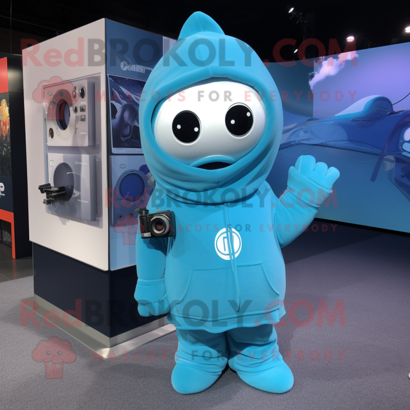 Sky Blue Camera mascot costume character dressed with a Hoodie and Keychains