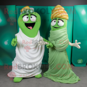 Green Croissant mascot costume character dressed with a Wedding Dress and Scarf clips