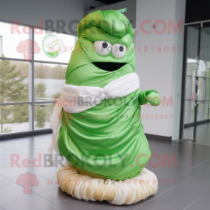 Green Croissant mascot costume character dressed with a Wedding Dress and Scarf clips