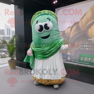 Green Croissant mascot costume character dressed with a Wedding Dress and Scarf clips