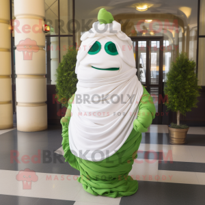 Green Croissant mascot costume character dressed with a Wedding Dress and Scarf clips