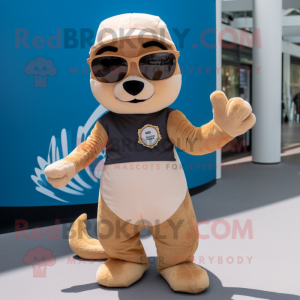 Tan Weasel mascot costume character dressed with a Shift Dress and Sunglasses