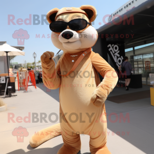 Tan Weasel mascot costume character dressed with a Shift Dress and Sunglasses