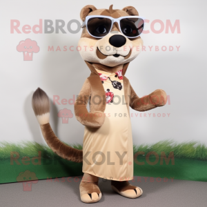 Tan Weasel mascot costume character dressed with a Shift Dress and Sunglasses