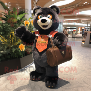 Peach Spectacled Bear mascot costume character dressed with a Vest and Handbags