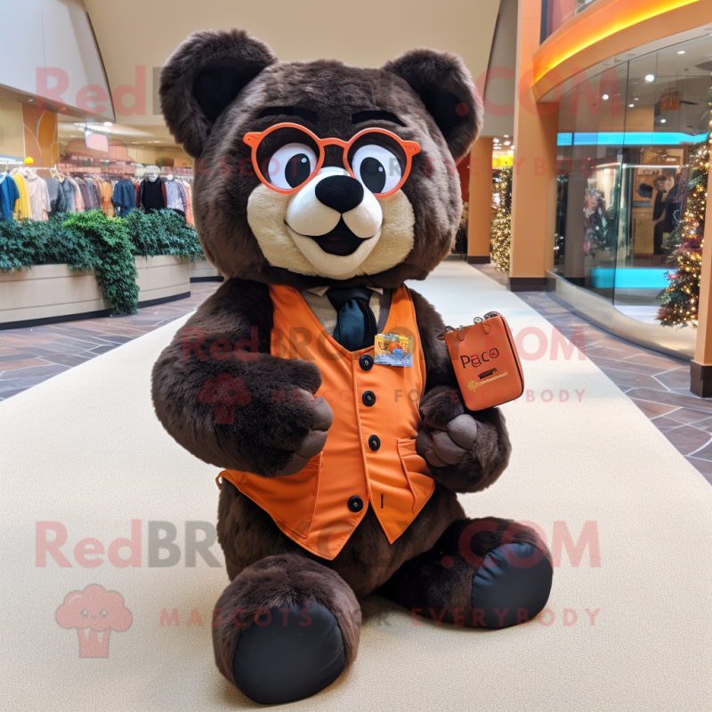 Peach Spectacled Bear mascot costume character dressed with a Vest and Handbags