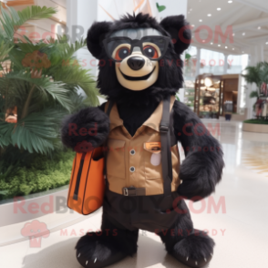 Peach Spectacled Bear mascot costume character dressed with a Vest and Handbags