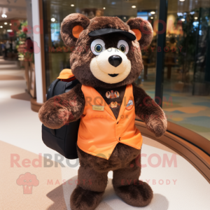 Peach Spectacled Bear mascot costume character dressed with a Vest and Handbags