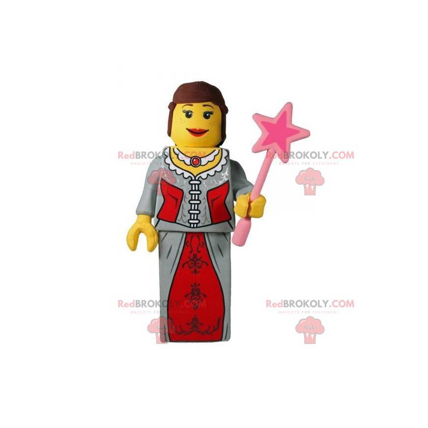 Mascotte de Lego habillé en princesse en fée avec une baguette