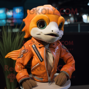 Orange Goldfish mascot costume character dressed with a Moto Jacket and Necklaces