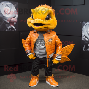 Orange Goldfish mascot costume character dressed with a Moto Jacket and Necklaces