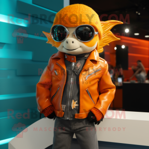 Orange Goldfish mascot costume character dressed with a Moto Jacket and Necklaces