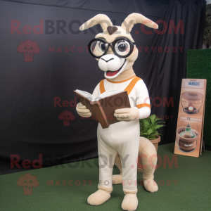 Cream Gazelle mascot costume character dressed with a Bodysuit and Reading glasses