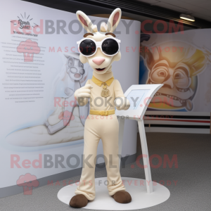 Cream Gazelle mascot costume character dressed with a Bodysuit and Reading glasses