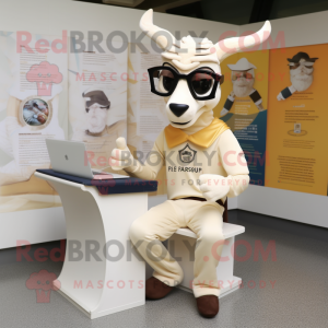 Cream Gazelle mascot costume character dressed with a Bodysuit and Reading glasses