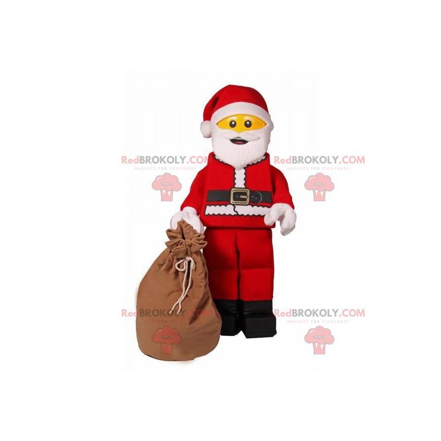 Lego mascot dressed as red and white Santa Claus -