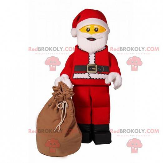 Lego mascot dressed as red and white Santa Claus -