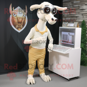 Cream Gazelle mascot costume character dressed with a Bodysuit and Reading glasses