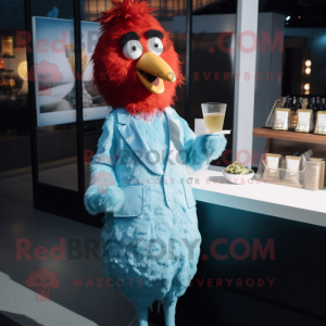 Sky Blue Chicken Parmesan mascot costume character dressed with a Cocktail Dress and Lapel pins