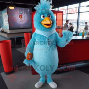 Sky Blue Chicken Parmesan mascot costume character dressed with a Cocktail Dress and Lapel pins