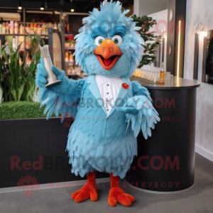 Sky Blue Chicken Parmesan mascot costume character dressed with a Cocktail Dress and Lapel pins