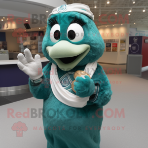 Teal Engagement Ring mascot costume character dressed with a Baseball Tee and Scarf clips