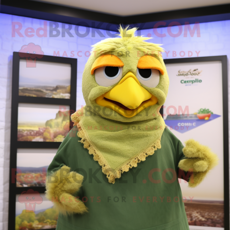 Olive Chicken mascot costume character dressed with a T-Shirt and Shawls