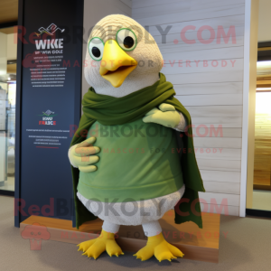 Olive Chicken mascot costume character dressed with a T-Shirt and Shawls