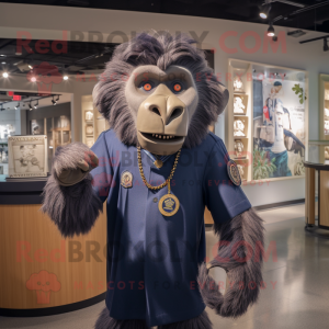 Navy Baboon mascot costume character dressed with a Graphic Tee and Earrings