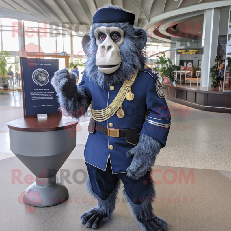 Navy Baboon mascot costume character dressed with a Graphic Tee and Earrings