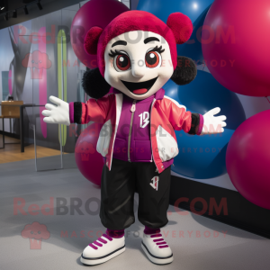 Magenta Mime mascot costume character dressed with a Bomber Jacket and Scarves