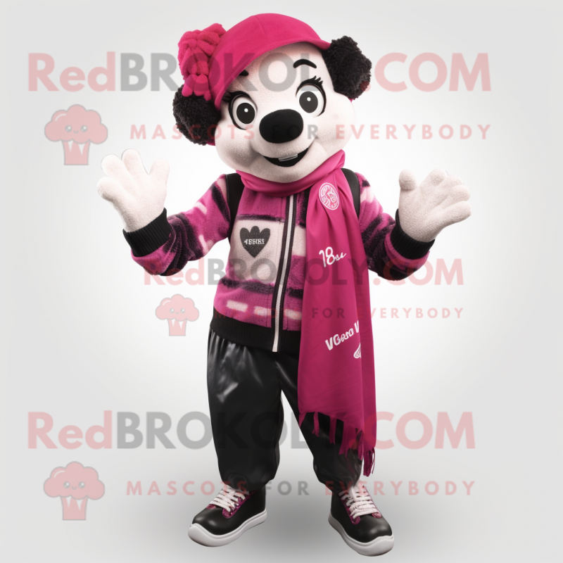 Magenta Mime mascot costume character dressed with a Bomber Jacket and Scarves