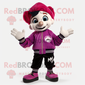 Magenta Mime mascot costume character dressed with a Bomber Jacket and Scarves