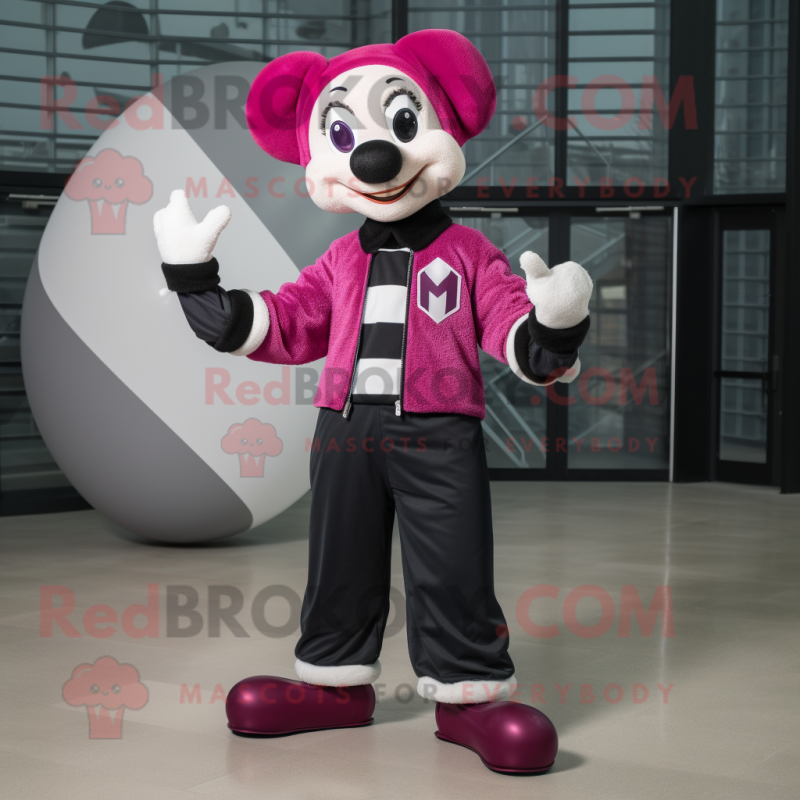 Magenta Mime mascot costume character dressed with a Bomber Jacket and Scarves