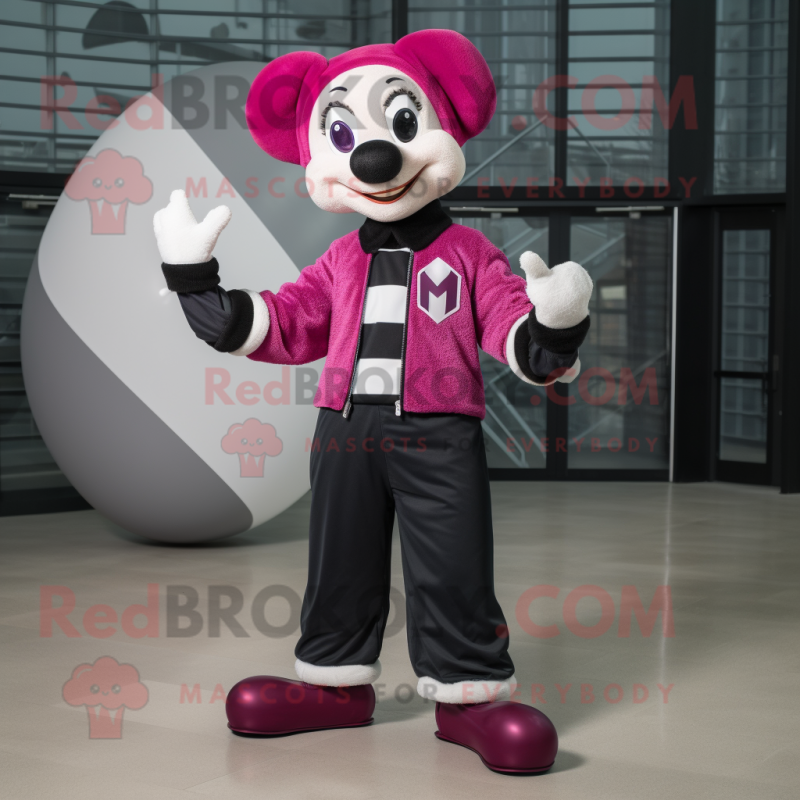 Magenta Mime mascot costume character dressed with a Bomber Jacket and Scarves Magenta Mime mascot costume character dressed with a Bomber Jacket and Scarves