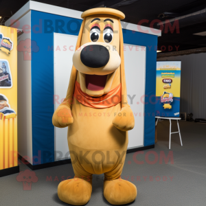 Tan Hot Dog mascot costume character dressed with a Cover-up and Suspenders