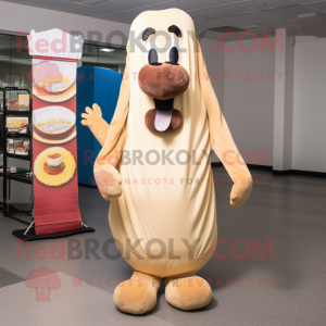 Tan Hot Dog mascot costume character dressed with a Cover-up and Suspenders