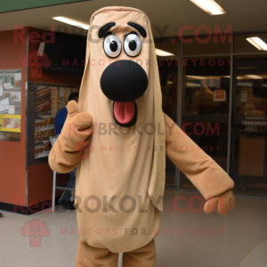 Tan Hot Dog mascot costume character dressed with a Cover-up and Suspenders